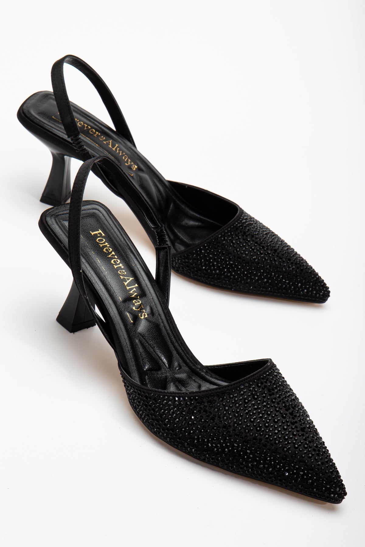 Rae - Black Rhinestone Slingback Kitten Heels – side view showing rhinestone, black, Vowalisse