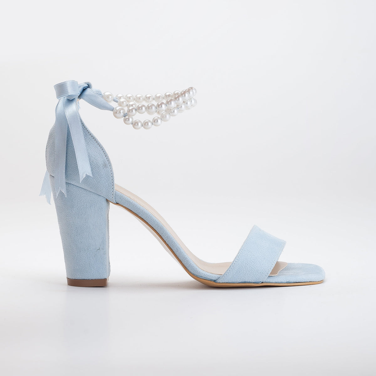Melissa - Blue Suede Sandals with Pearls – front three-quarter view showing pearl, leather, suede, Vowalisse