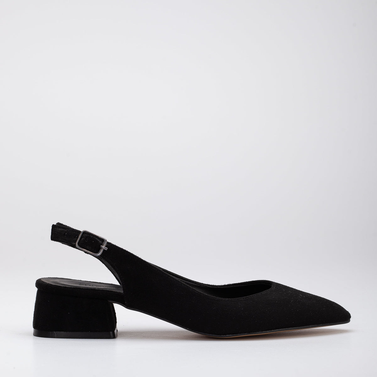 Emma - Black Suede Slingback Shoes – front three-quarter view showing suede, black, Vowalisse