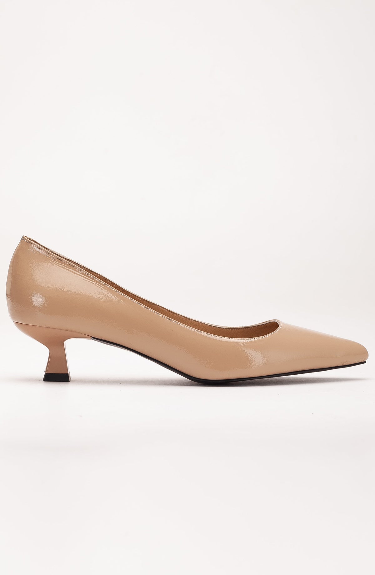 Helly - Beige Patent Leather Stiletto Pumps – back view showing leather, red, Vowalisse