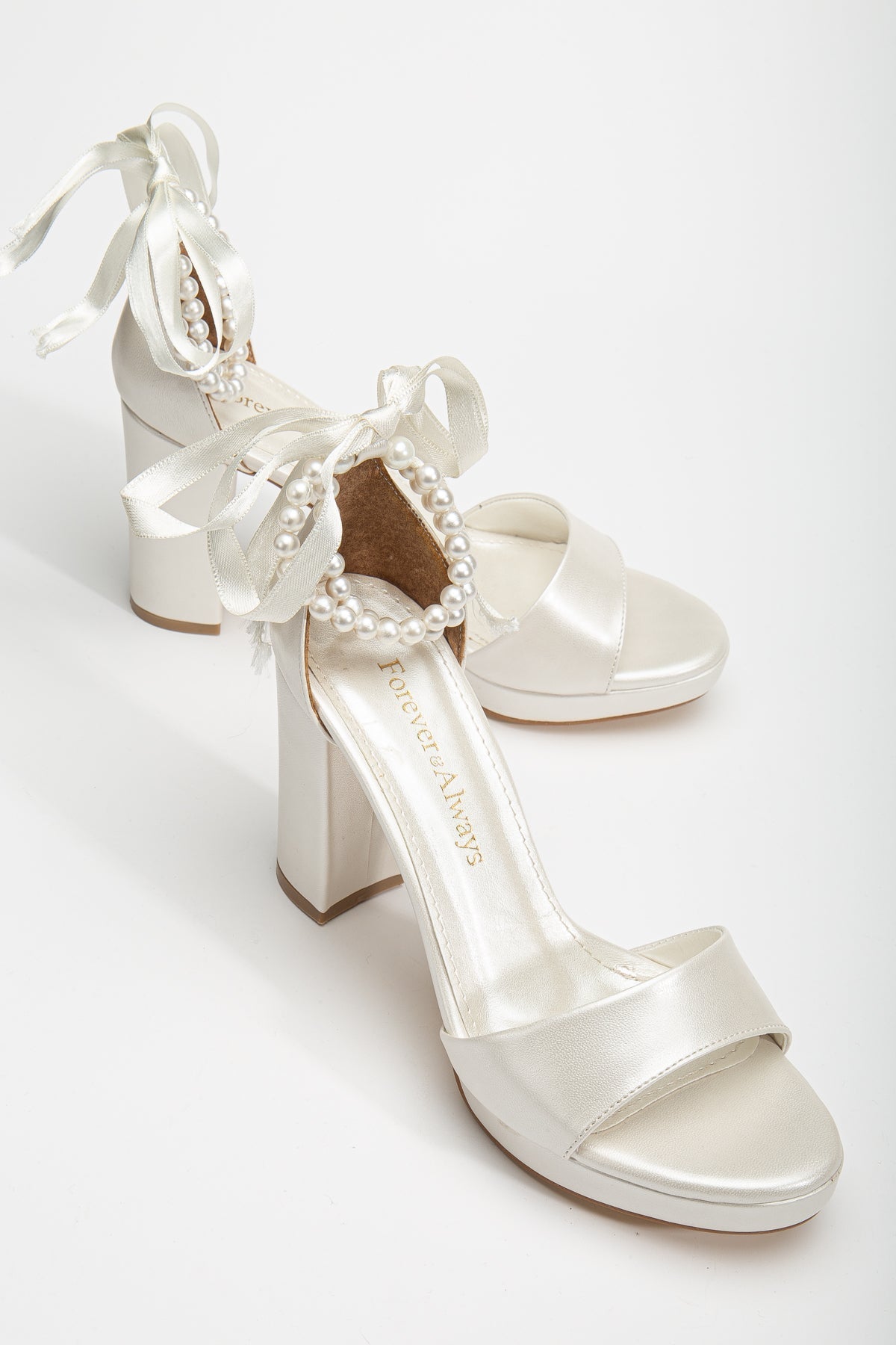 Renee - Ivory Platform Sandals with Pearls – front three-quarter view showing pearl, leather, ivory, Vowalisse