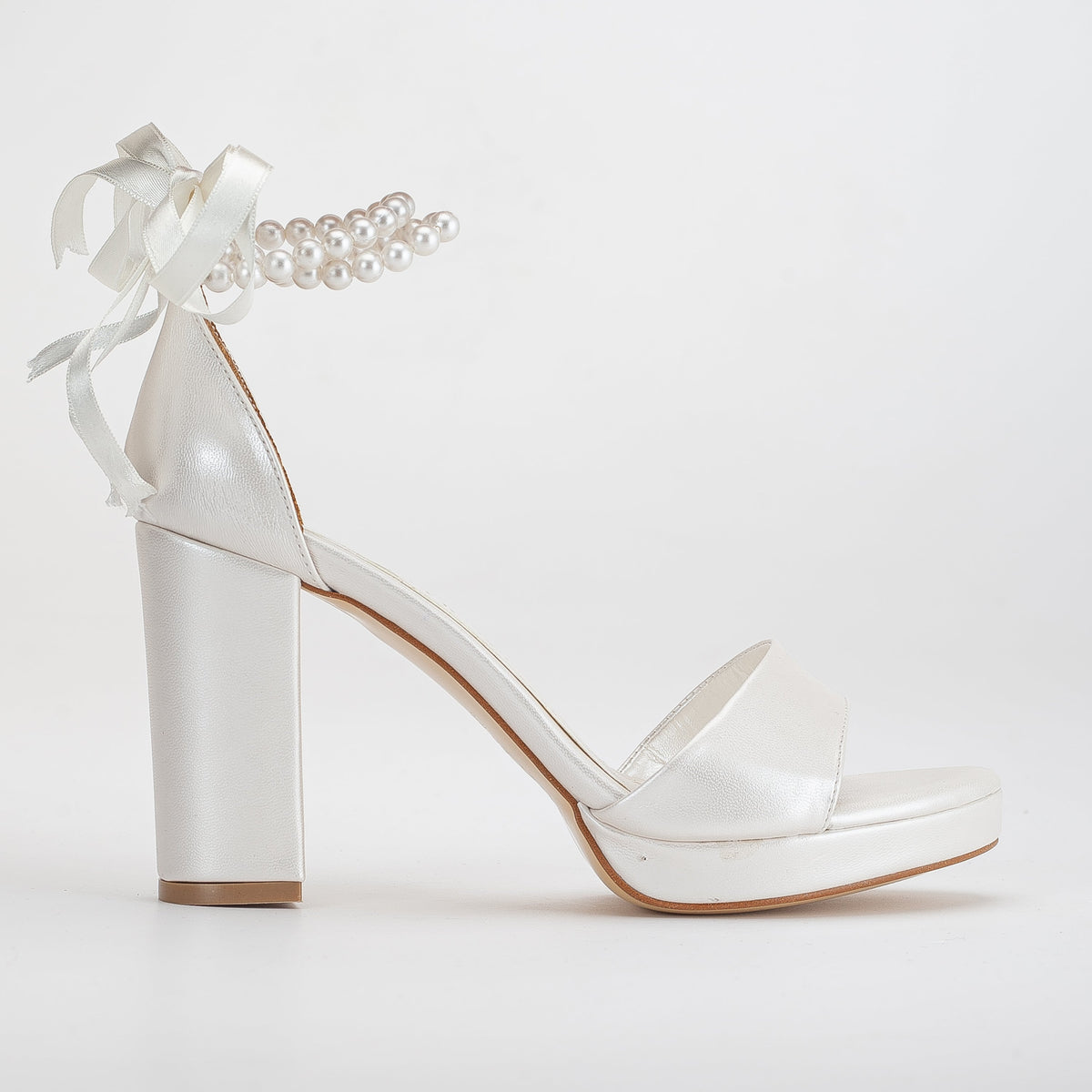 Renee - Ivory Platform Sandals with Pearls – heel view showing pearl, leather, ivory, Vowalisse