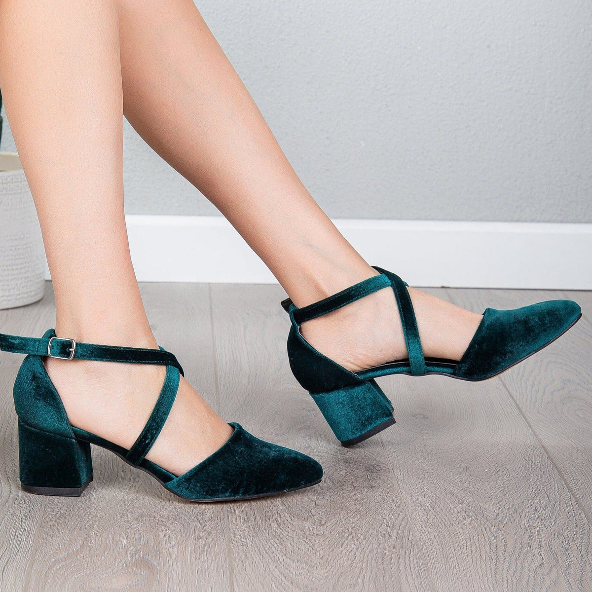 Dolly - Emerald Green Velvet Heels – top view showing velvet, green, Vowalisse