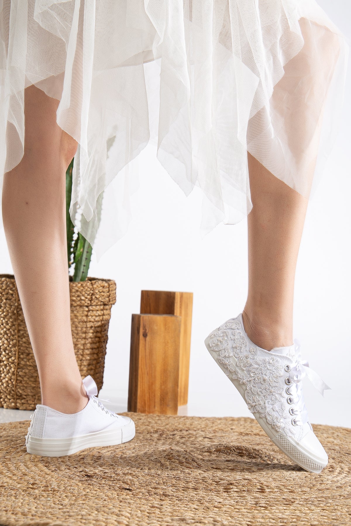 Shelby - White Low Wedding Sneakers – back view showing pearl, lace, satin, Vowalisse
