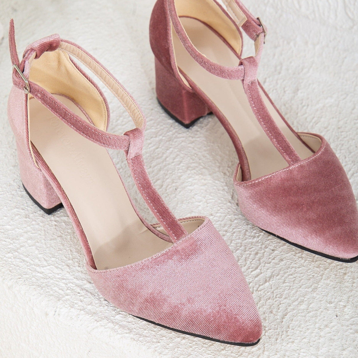 Anicette - Rose Velvet Low Heels – side view showing velvet, pink, Vowalisse