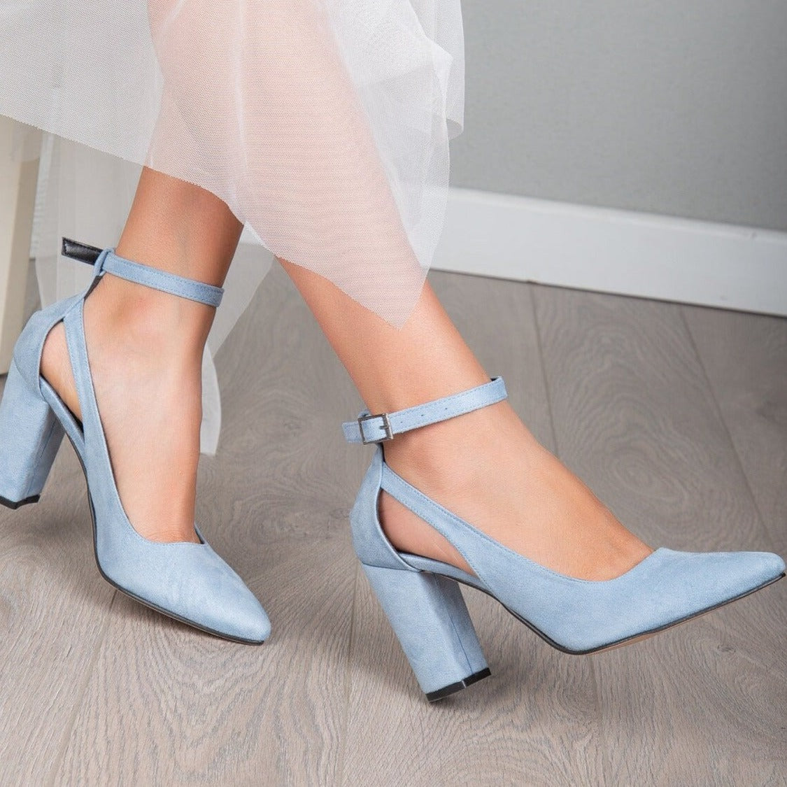 Colette - Baby Blue Suede Heels – heel view showing leather, suede, blue, Vowalisse