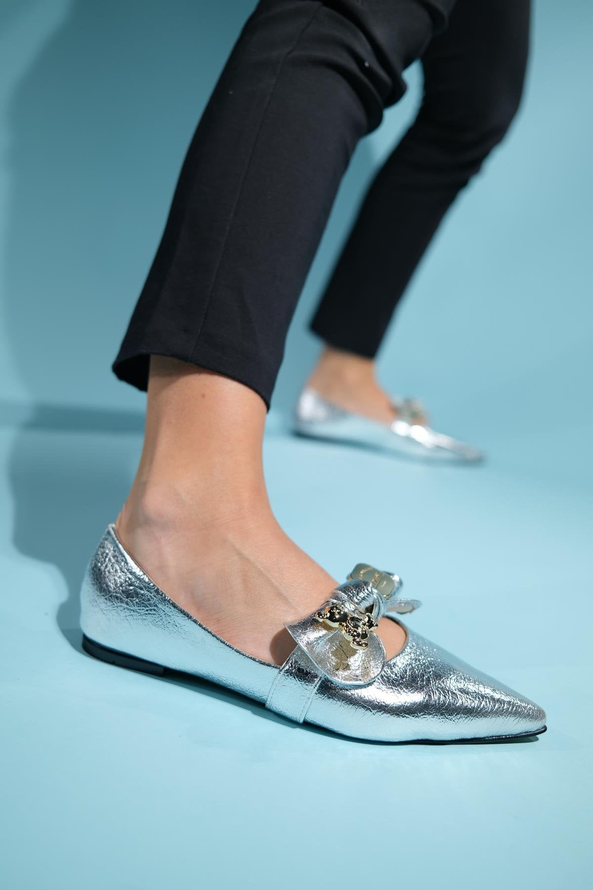 Helsi - Silver Ballet Flat – side view showing leather, silver, Vowalisse