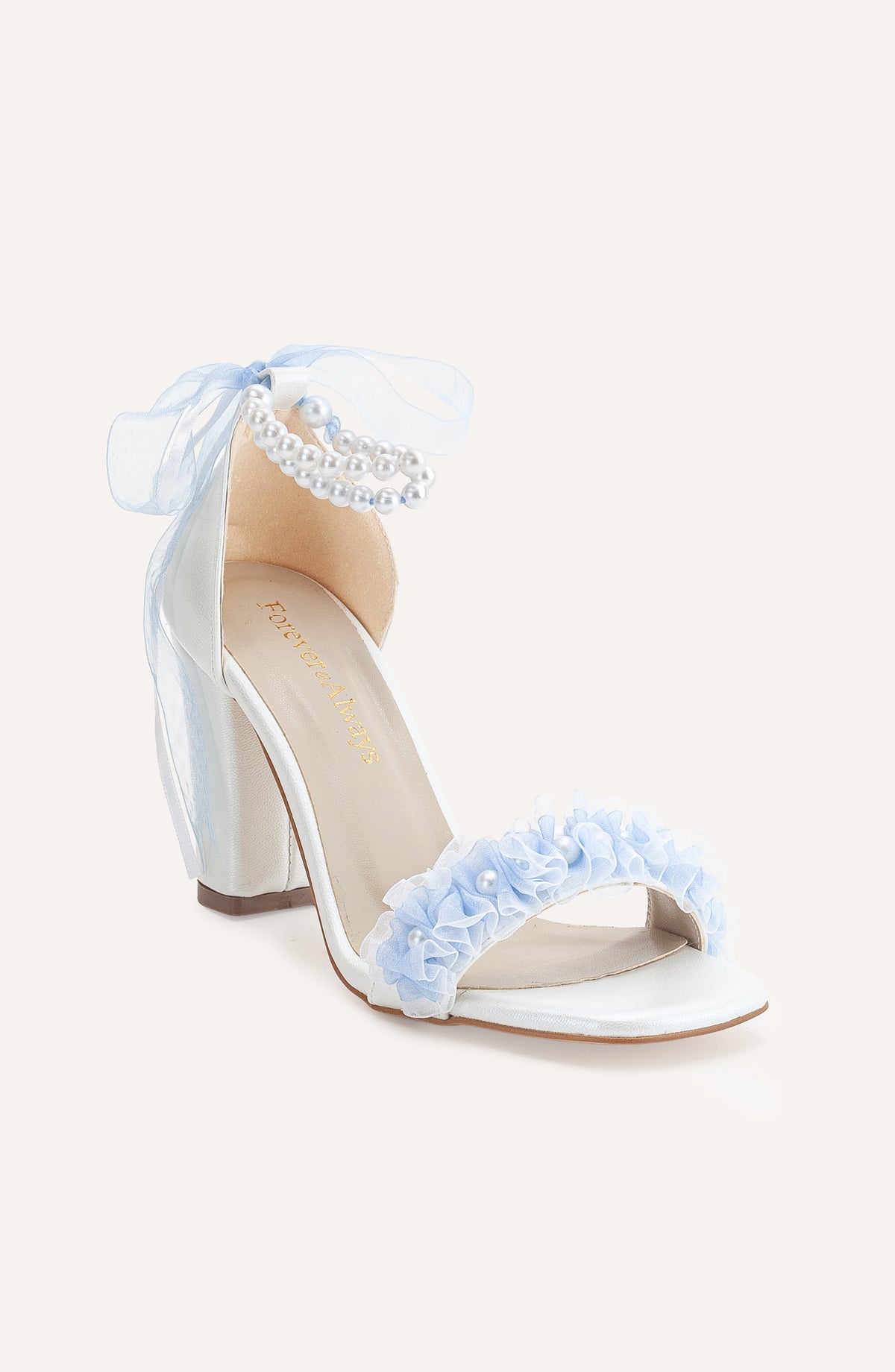 Michelle - Ivory Baby Blue Lace Bridal Sandals with Pearls – front three-quarter view showing pearl, lace, leather…