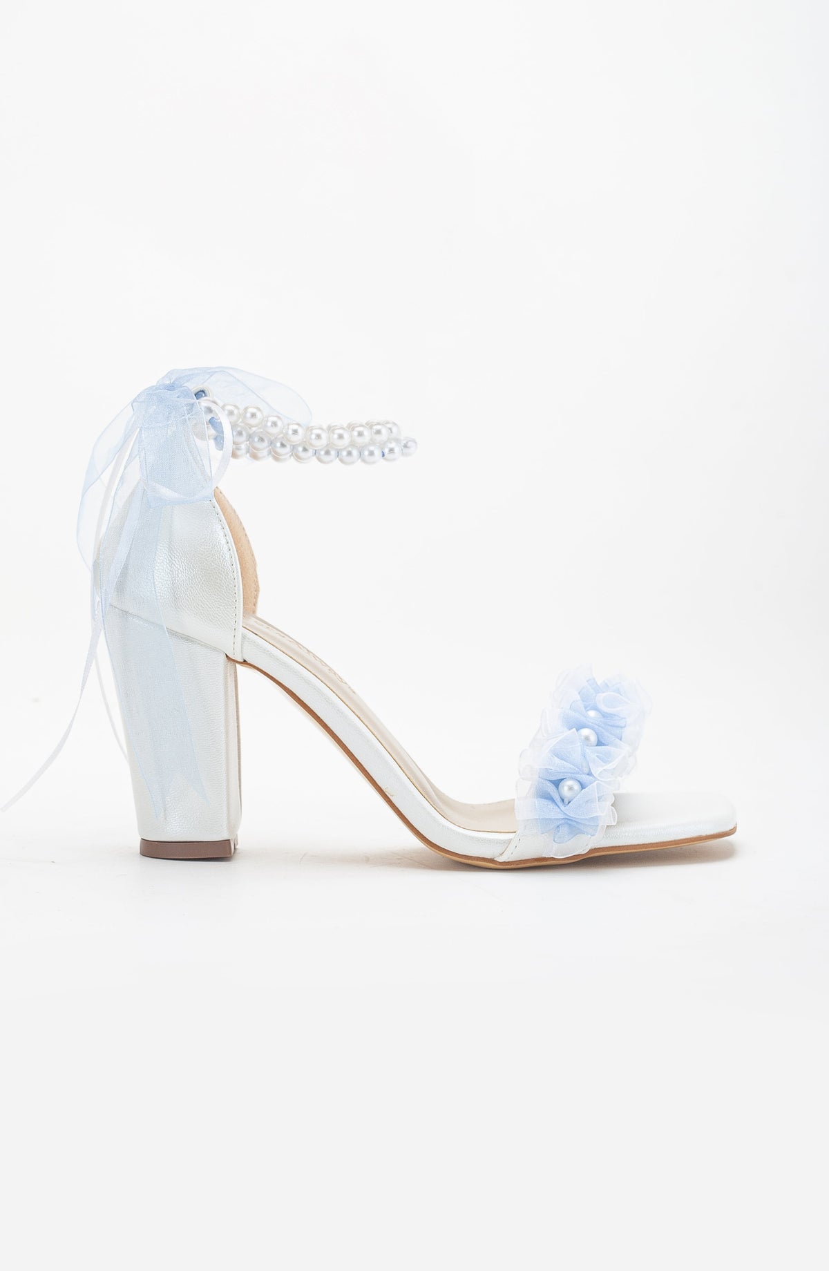 Michelle - Ivory Baby Blue Lace Bridal Sandals with Pearls – side view showing pearl, lace, leather, Vowalisse