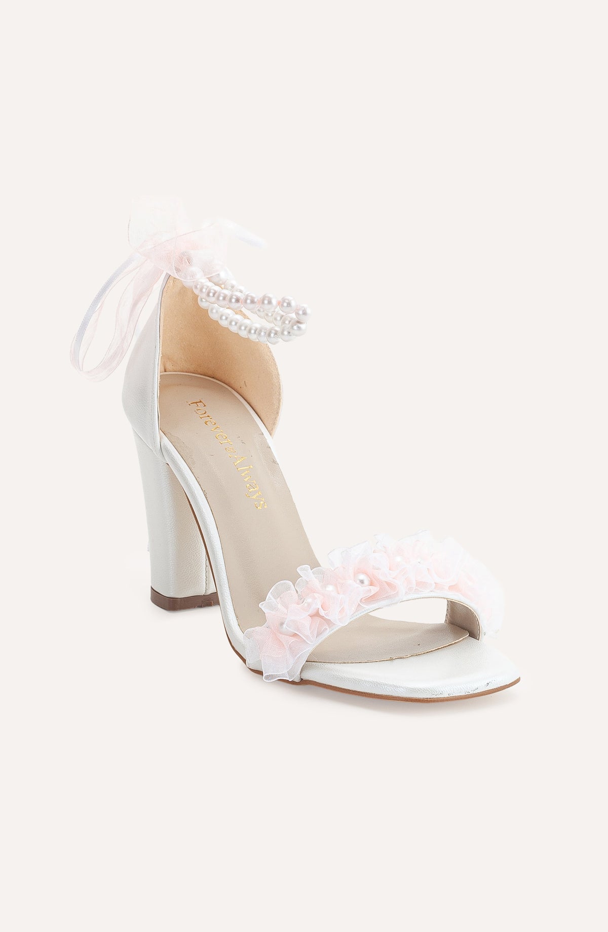 Elsa - Ivory Dusty Pink Lace Bridal Sandals with Pearls – front three-quarter view showing pearl, lace, leather, Vowalisse