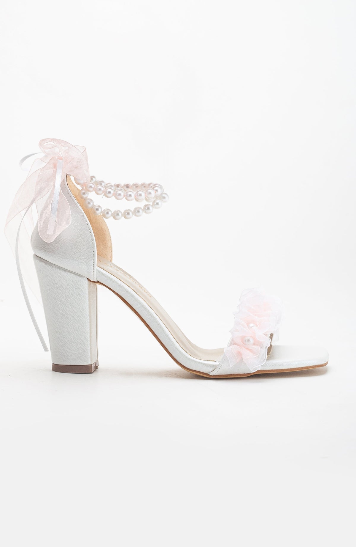 Elsa - Ivory Dusty Pink Lace Bridal Sandals with Pearls – side view showing pearl, lace, leather, Vowalisse