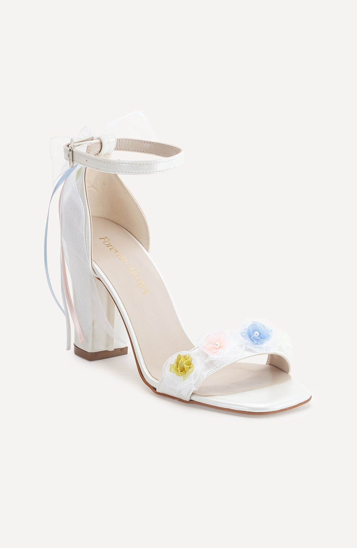 Nikki - Ivory Lace Bridal Sandals with Pearls – front three-quarter view showing pearl, bow, lace, Vowalisse