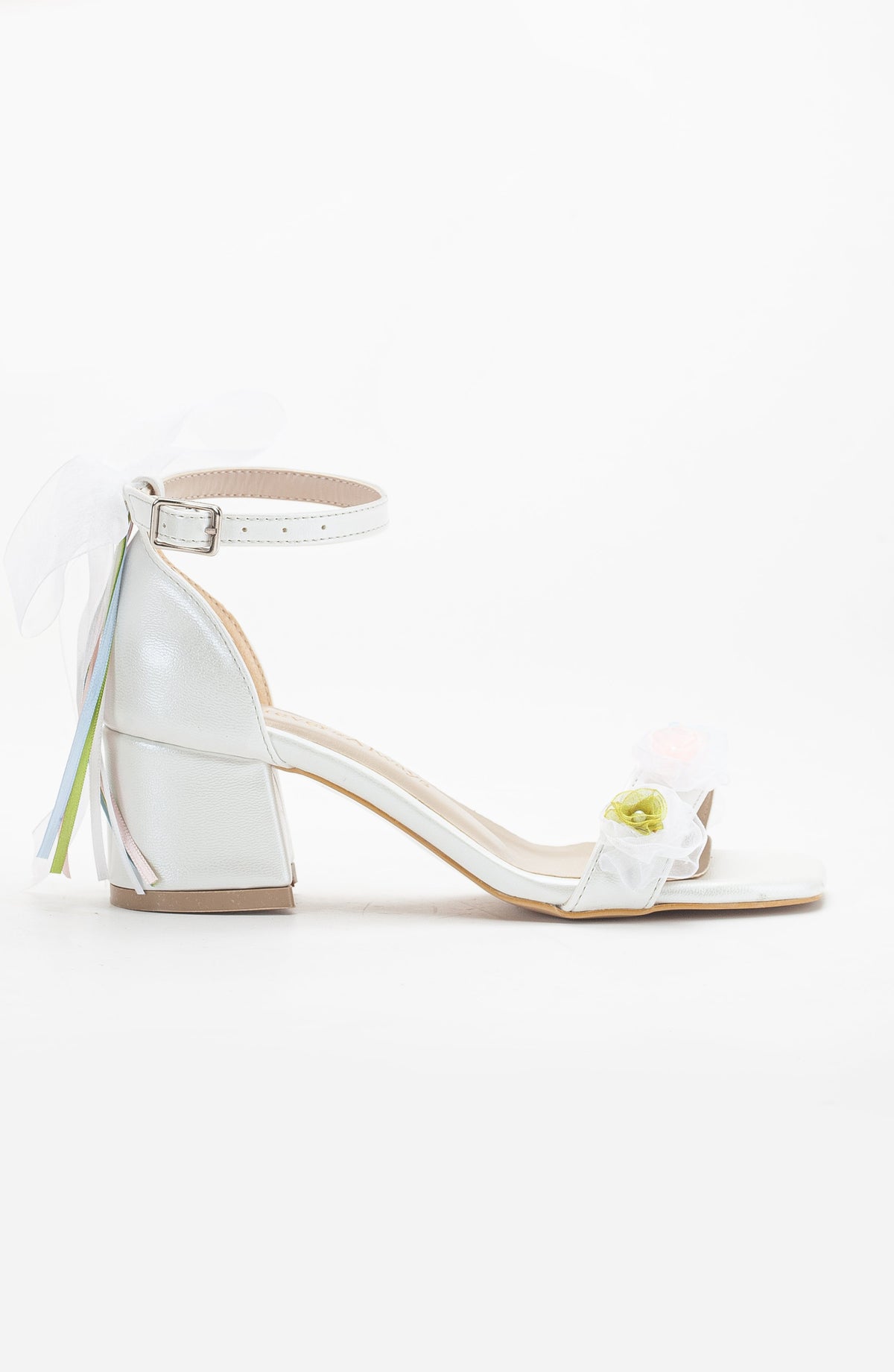Grazia - Ivory Lace Block Heel Bridal Sandals with Pearls – side view showing pearl, bow, lace, Vowalisse