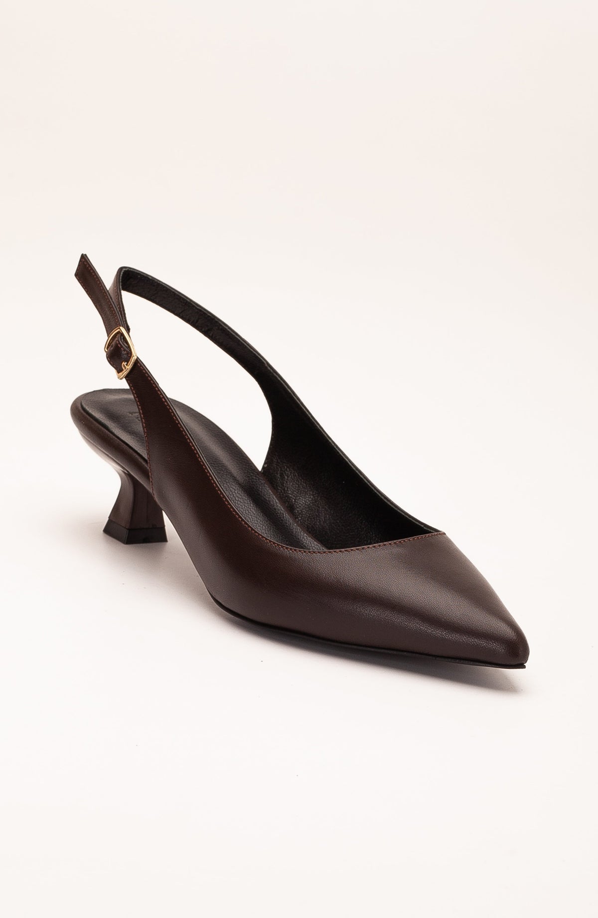 Lety - Brown Leather Slingback Pumps – front three-quarter view showing leather, gold, red, Vowalisse