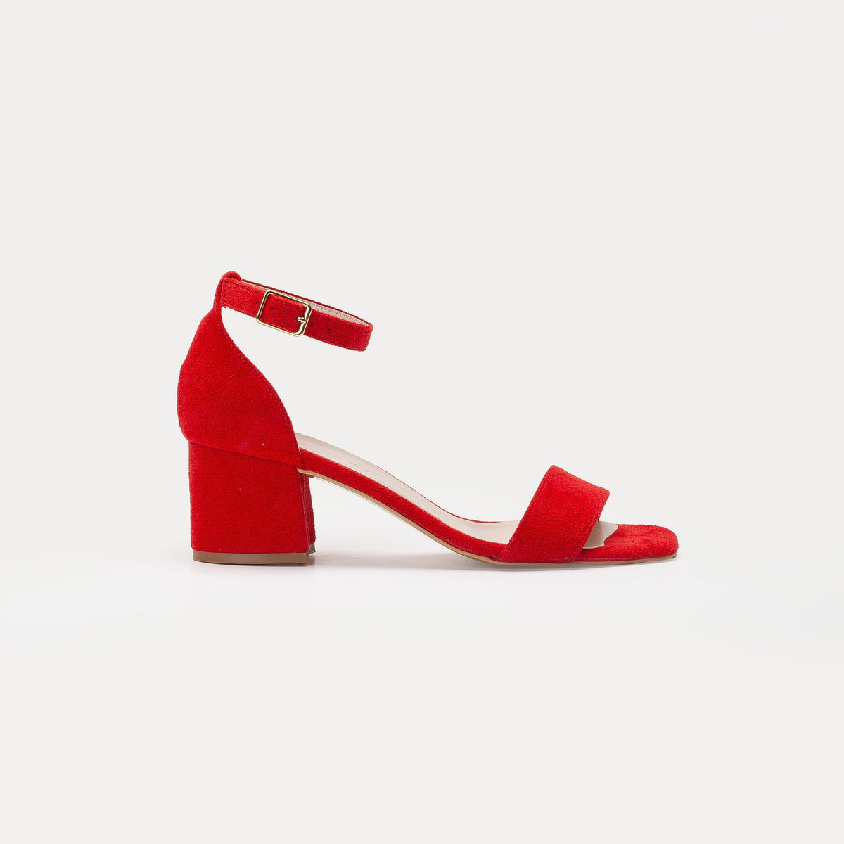 Iva - Red Suede Sandals – front three-quarter view showing leather, suede, red, Vowalisse
