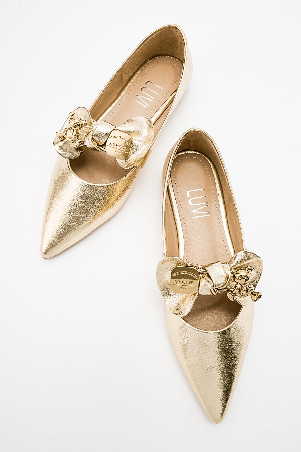 Helsi - Gold Bow Ballet Flat – side view showing bow, leather, gold, Vowalisse