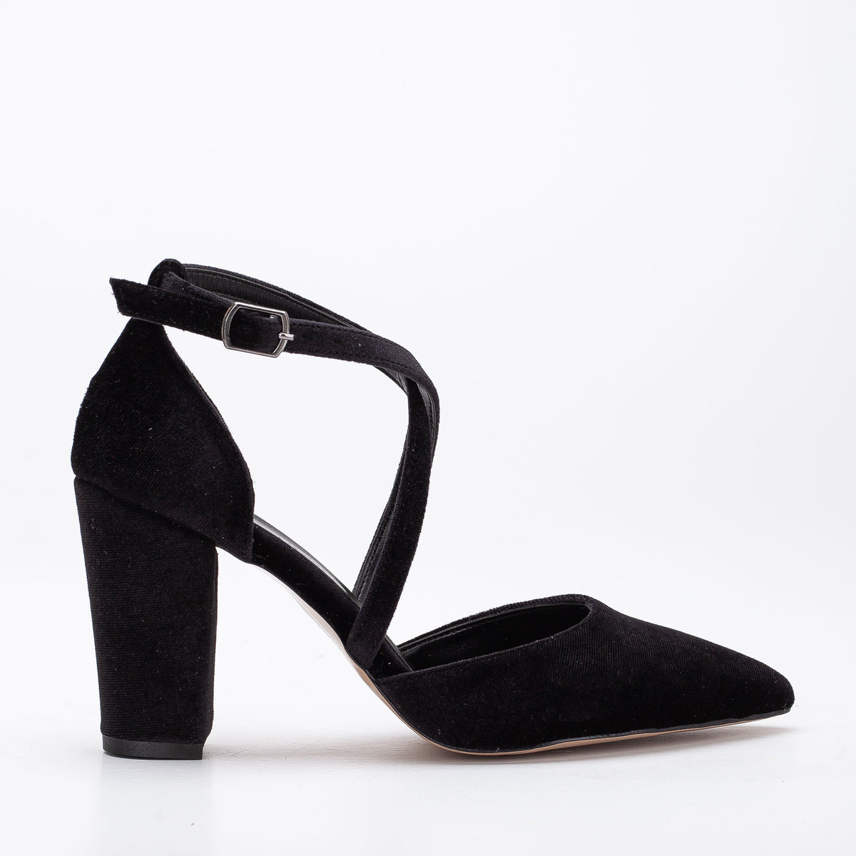 Sina - Black Velvet High Heels – front three-quarter view showing velvet, black, Vowalisse