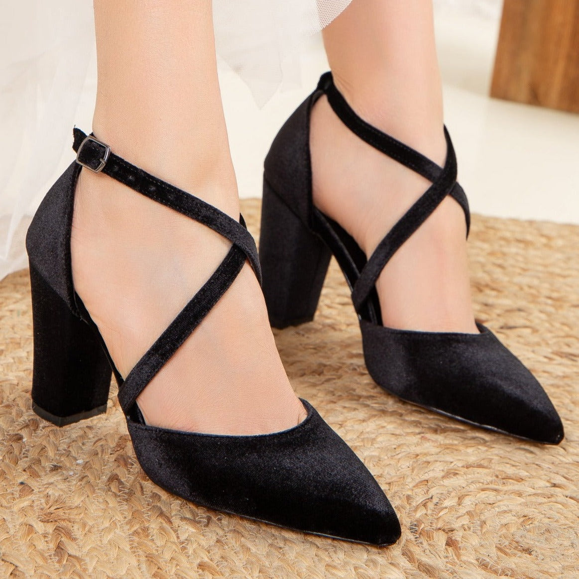 Sina - Black Velvet High Heels – side view showing velvet, black, Vowalisse
