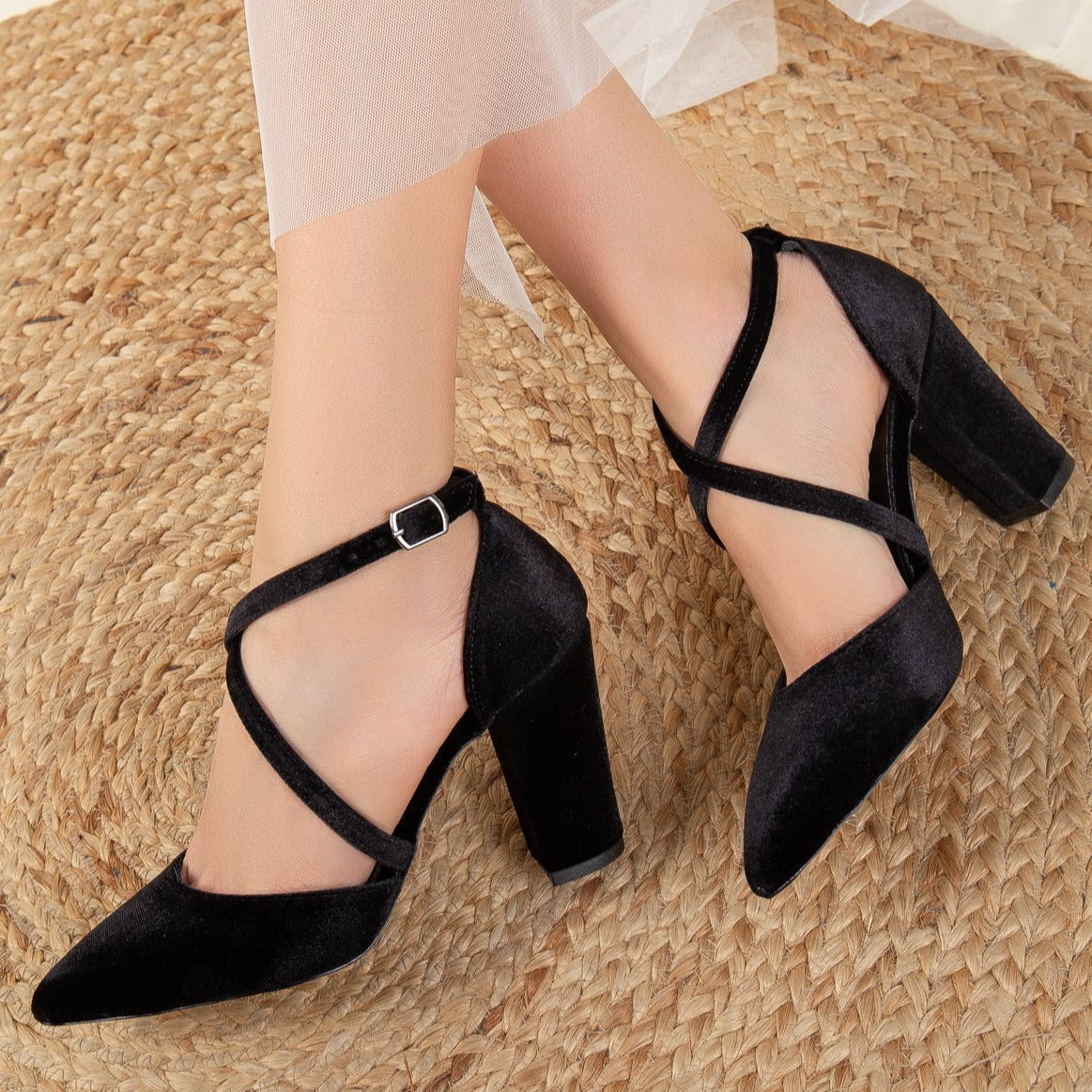 Sina - Black Velvet High Heels – heel view showing velvet, black, Vowalisse