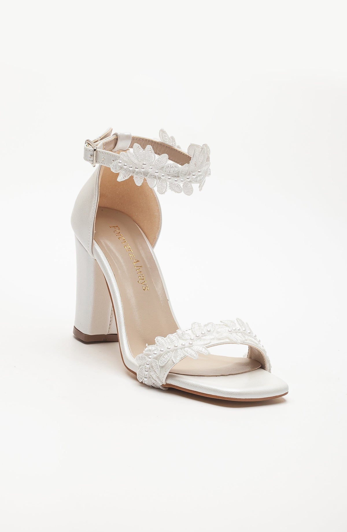Marlene - Ivory Lace Bridal Heels – front three-quarter view showing lace, ivory, white, Vowalisse