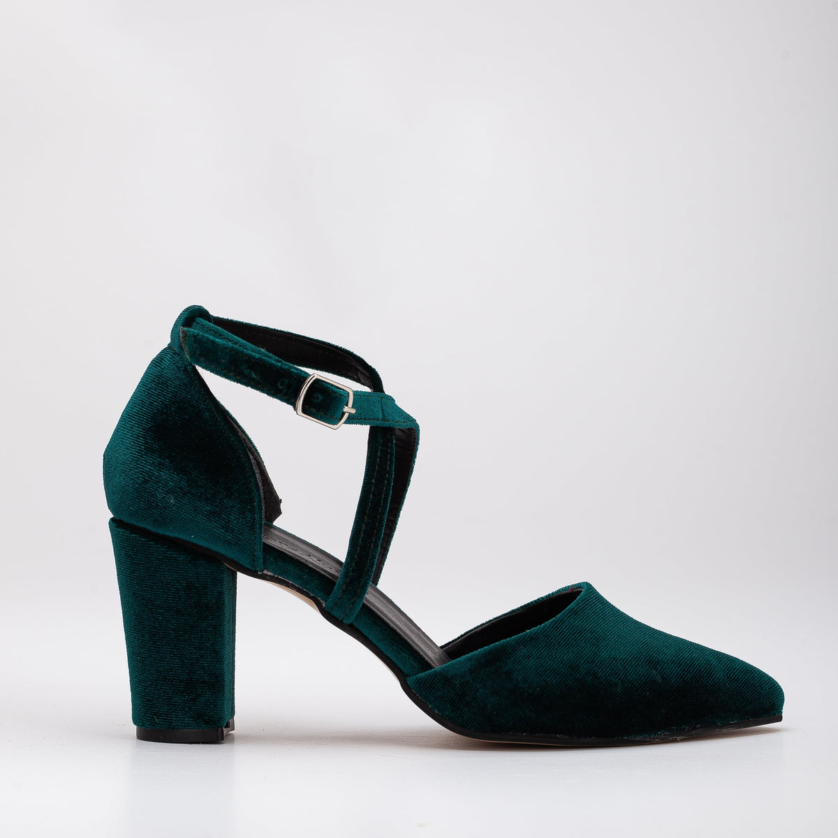 Sina - Emerald Green Velvet Heels – front three-quarter view showing velvet, green, Vowalisse