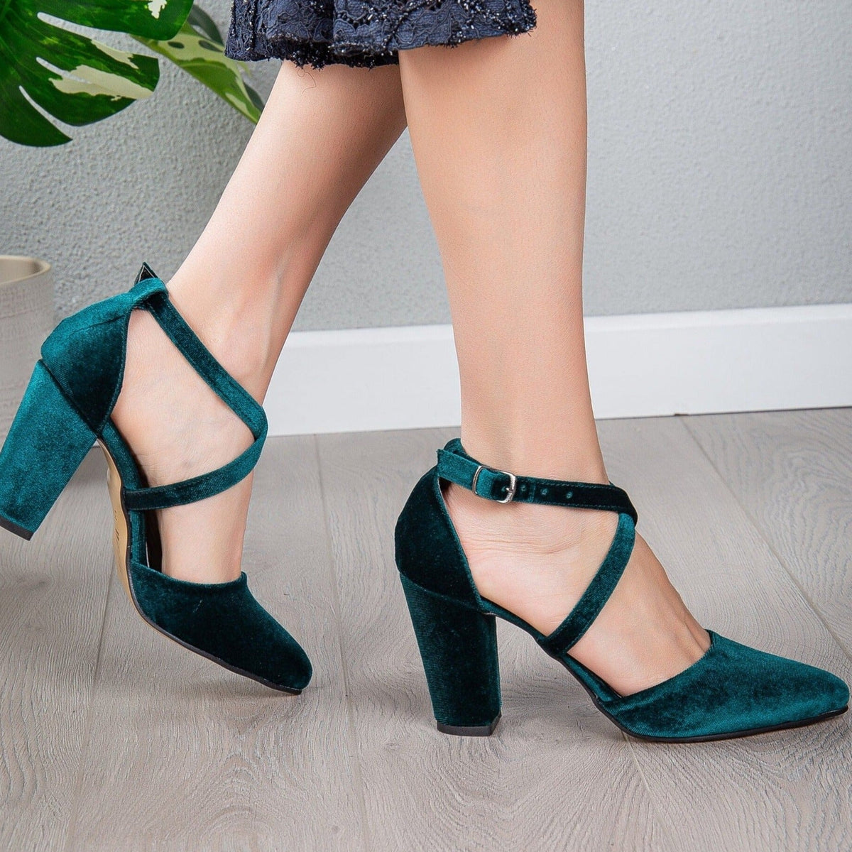Sina - Emerald Green Velvet Heels – top view showing velvet, green, Vowalisse
