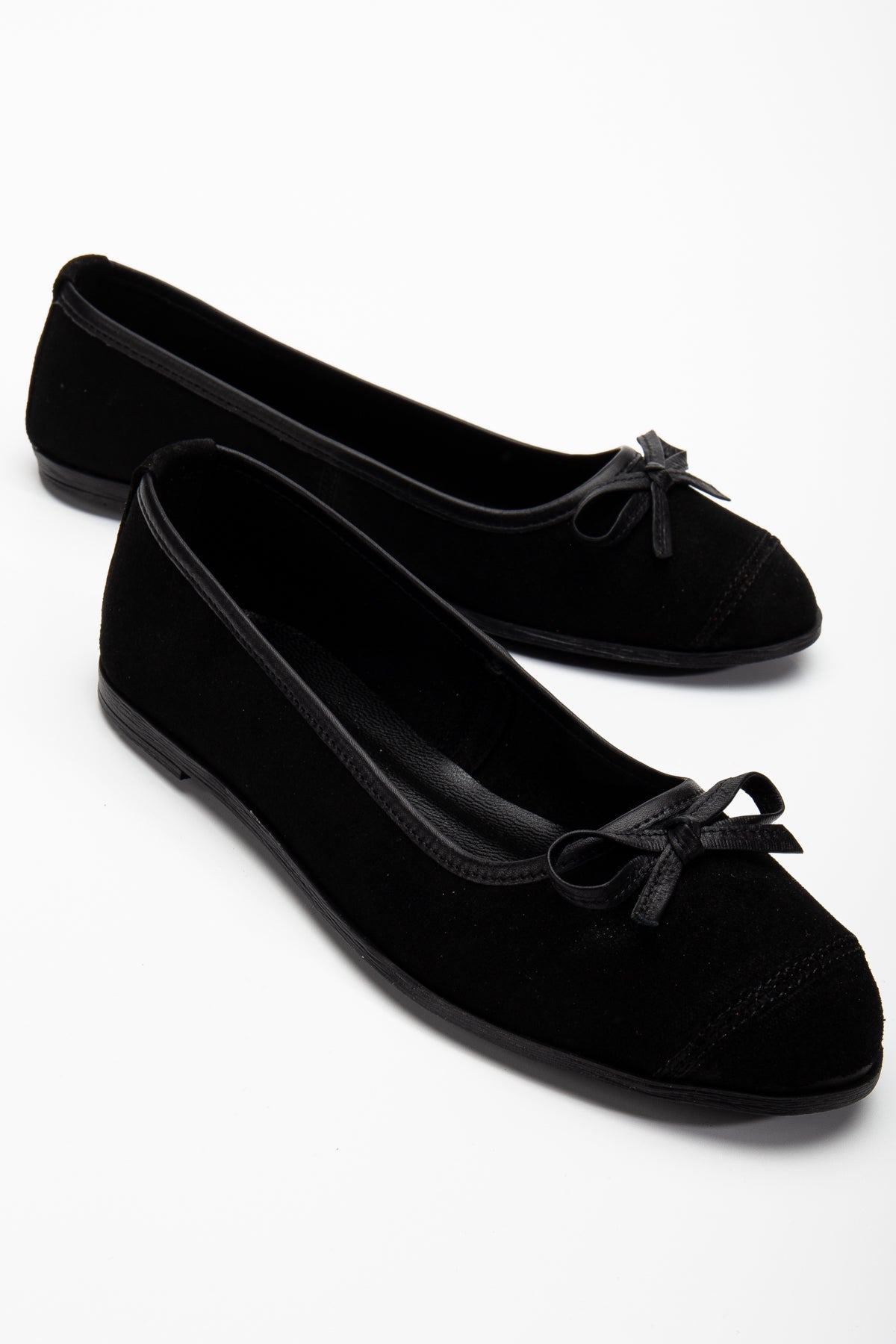 Brooklyn - Black Suede Ballerina Flats – front three-quarter view showing bow, leather, suede, Vowalisse