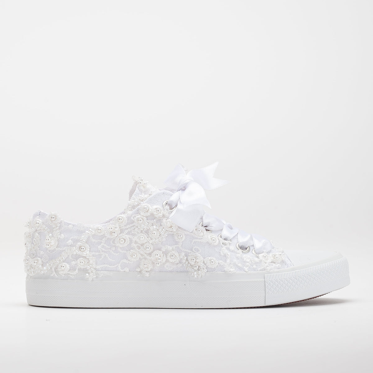 Bailey - White Low Wedding Converse – front three-quarter view showing pearl, lace, satin, Vowalisse