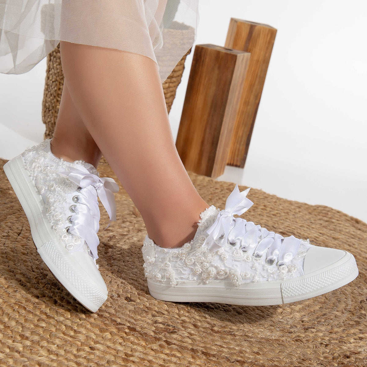 Bailey - White Low Wedding Converse – side view showing pearl, lace, satin, Vowalisse