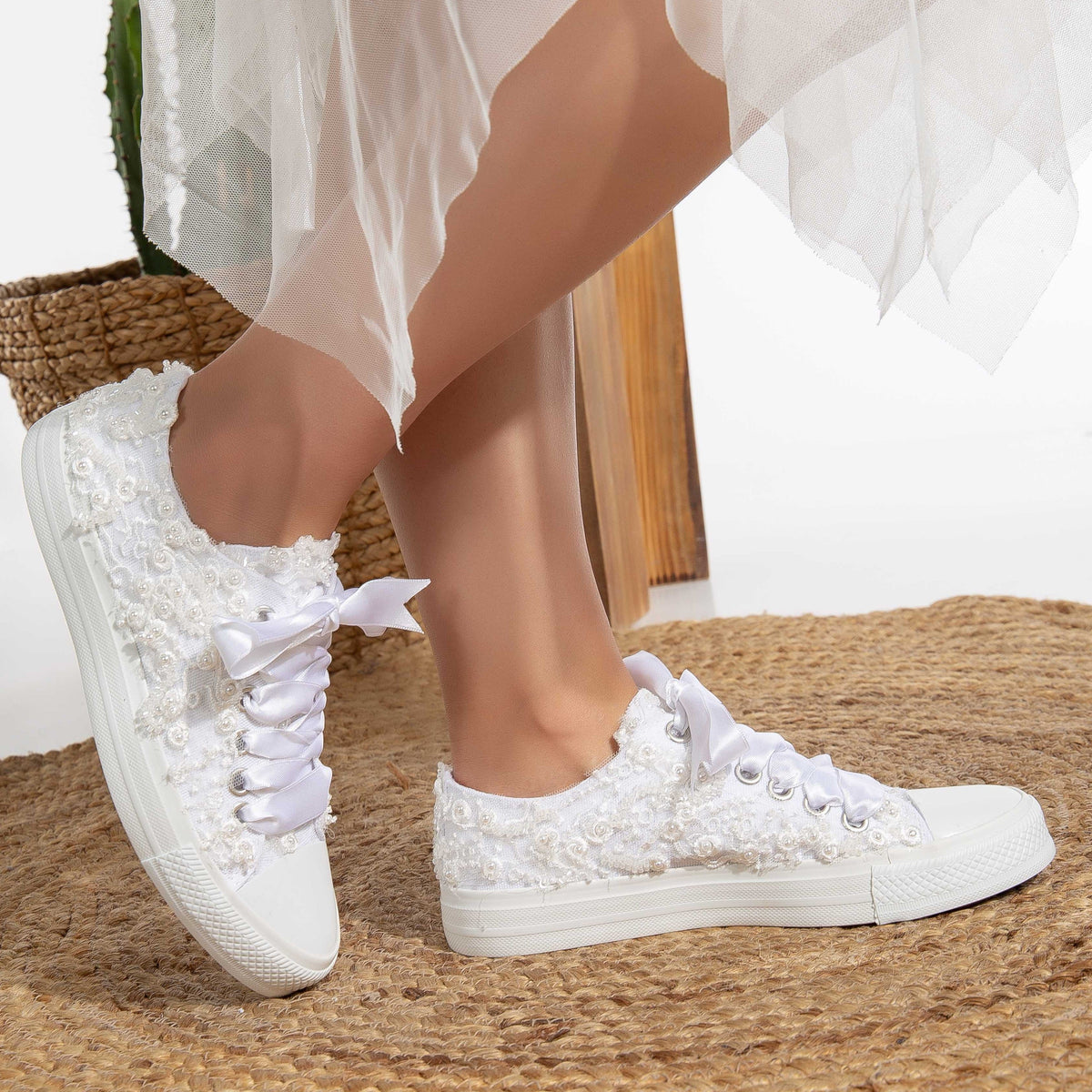 Bailey - White Low Wedding Converse – heel view showing pearl, lace, satin, Vowalisse