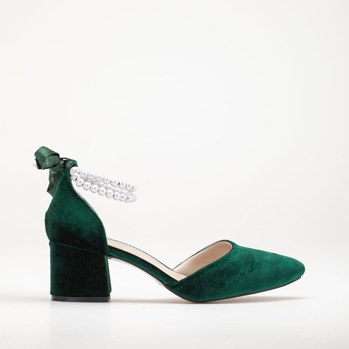 Miranda - Emerald Green Velvet Heels with Pearls – front three-quarter view showing pearl, velvet, green, Vowalisse