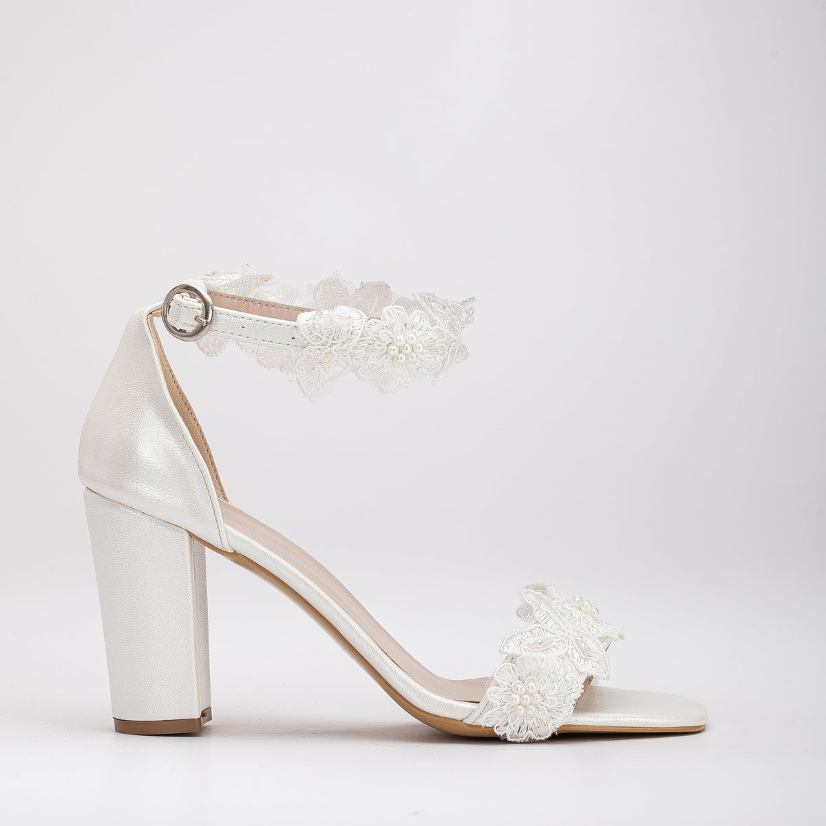 Dede - Ivory Lace Bridal Heels – front three-quarter view showing lace, ivory, white, Vowalisse