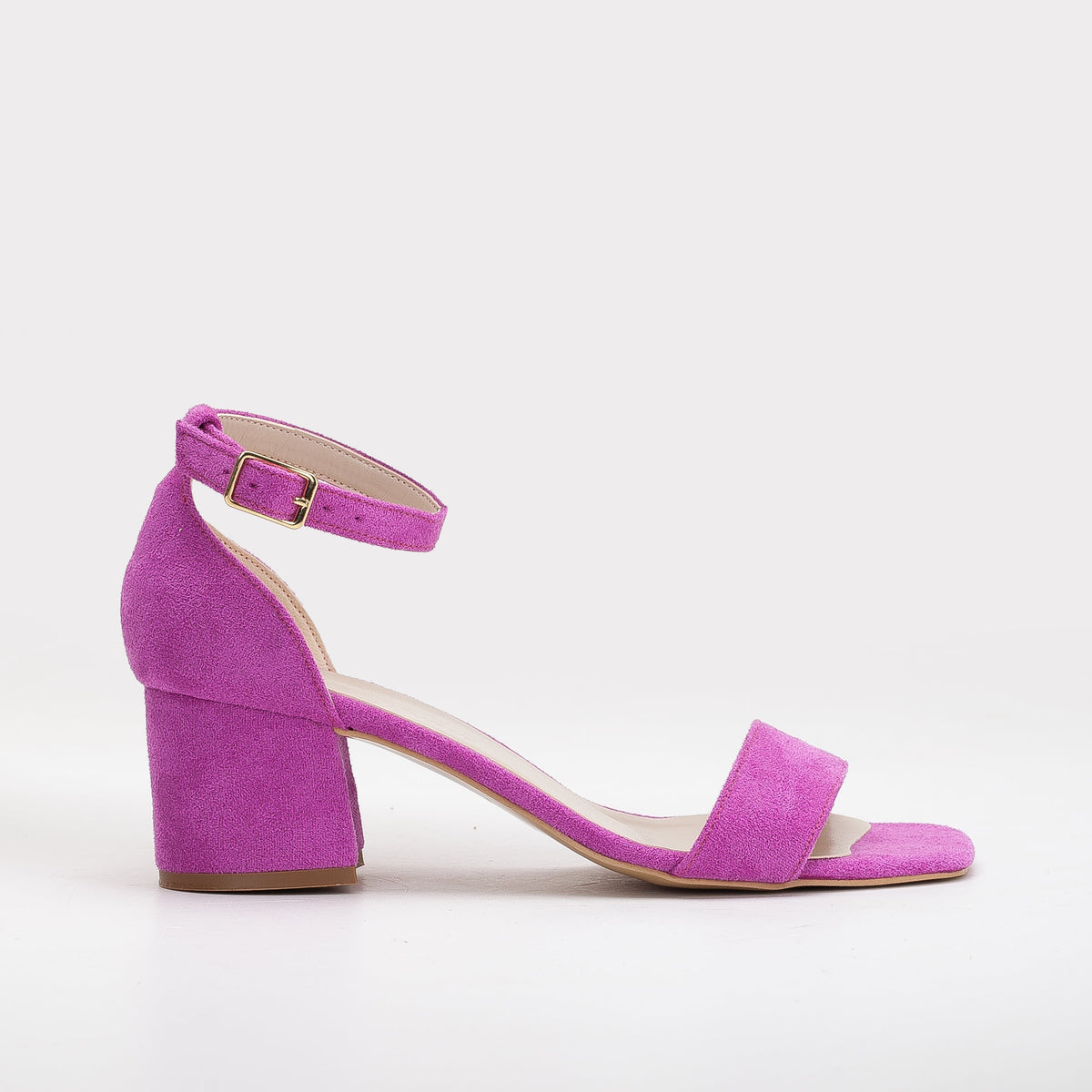 Iva - Fuchsia Suede Sandals – front three-quarter view showing leather, suede, pink, Vowalisse