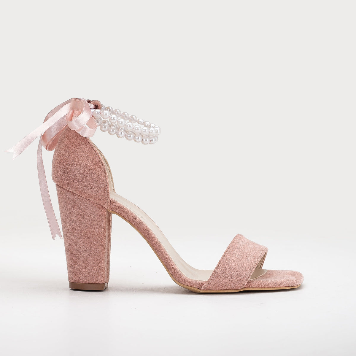 Melissa - Dusty Pink Suede Sandals with Pearls – front three-quarter view showing pearl, leather, suede, Vowalisse