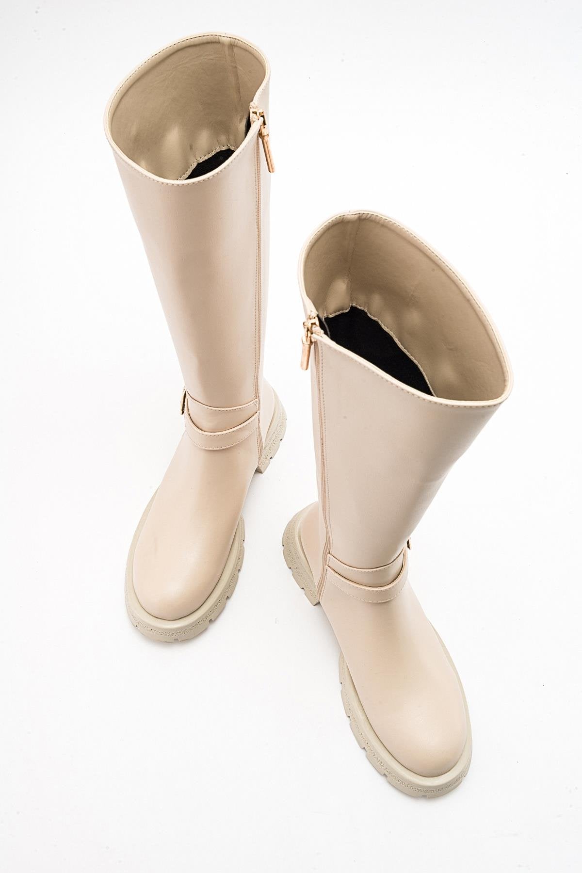 Covela - Beige Knee-High Boot – heel view showing leather, Vowalisse
