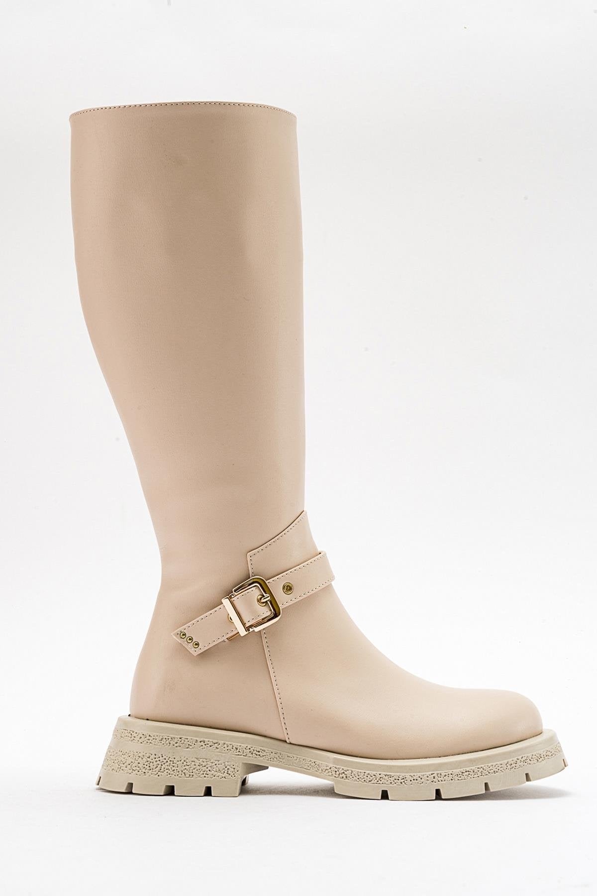 Covela - Beige Knee-High Boot – top view showing leather, Vowalisse
