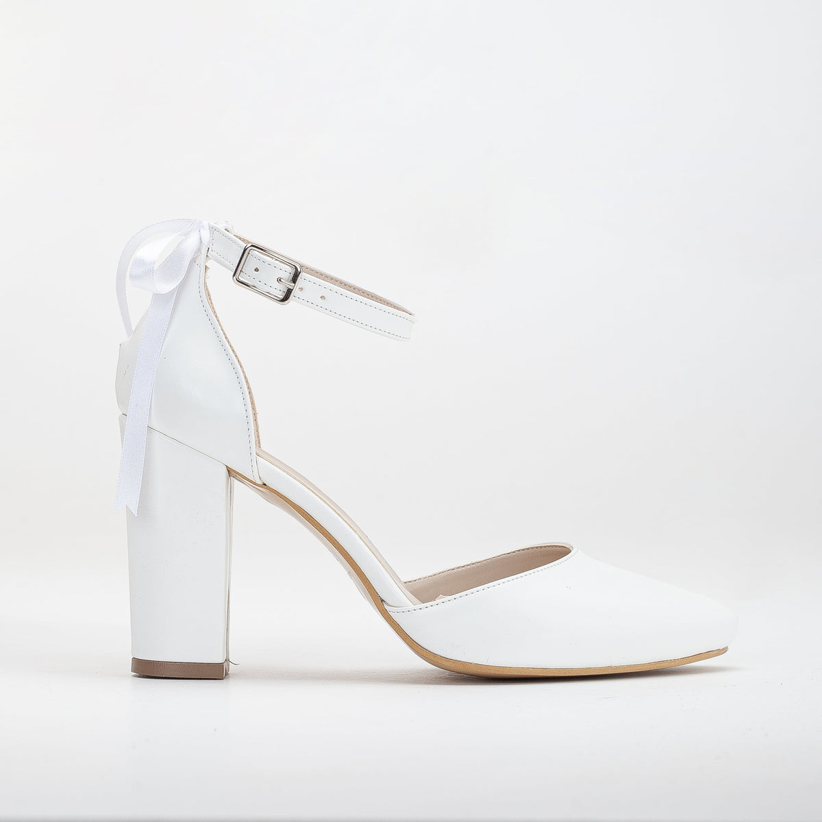 Jolie - White Wedding Heels with Ribbon – front three-quarter view showing leather, white, Vowalisse