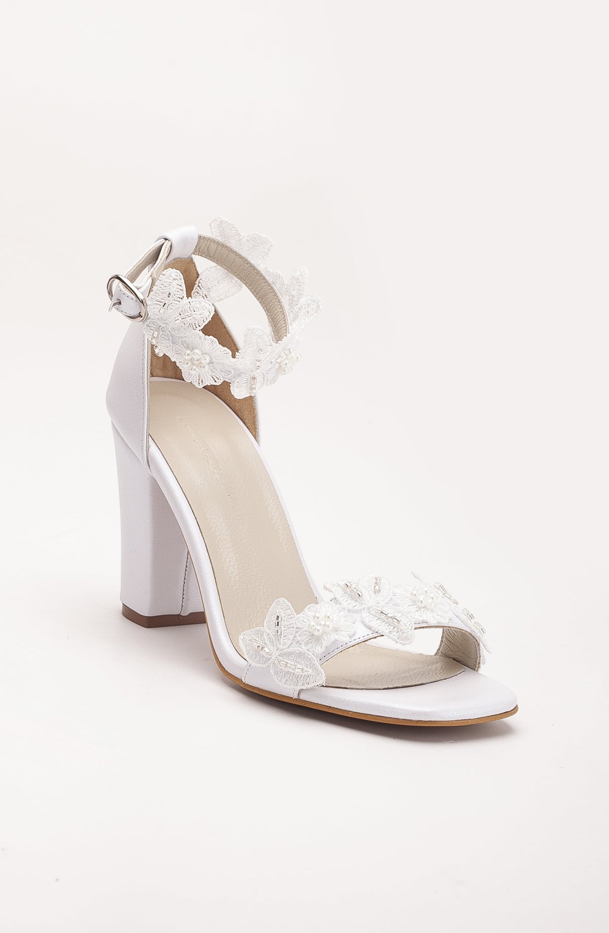 Vivian - Ivory Lace Leather Bridal Sandals – front three-quarter view showing lace, leather, ivory, Vowalisse