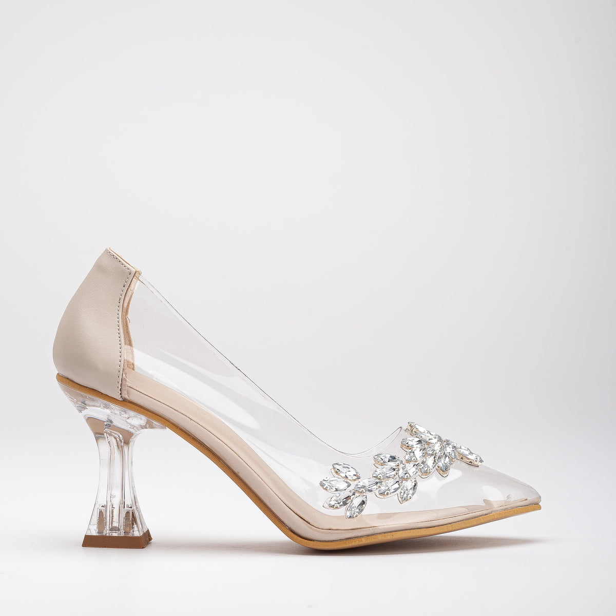 Cinderella - Beige Transparent High Heels – front three-quarter view showing elegant detailing, Vowalisse
