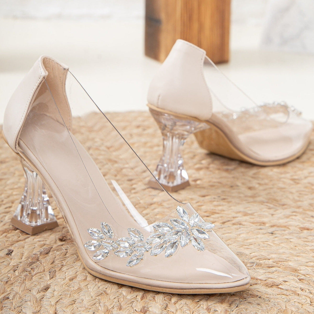 Cinderella - Beige Transparent High Heels – detail view showing elegant detailing, Vowalisse