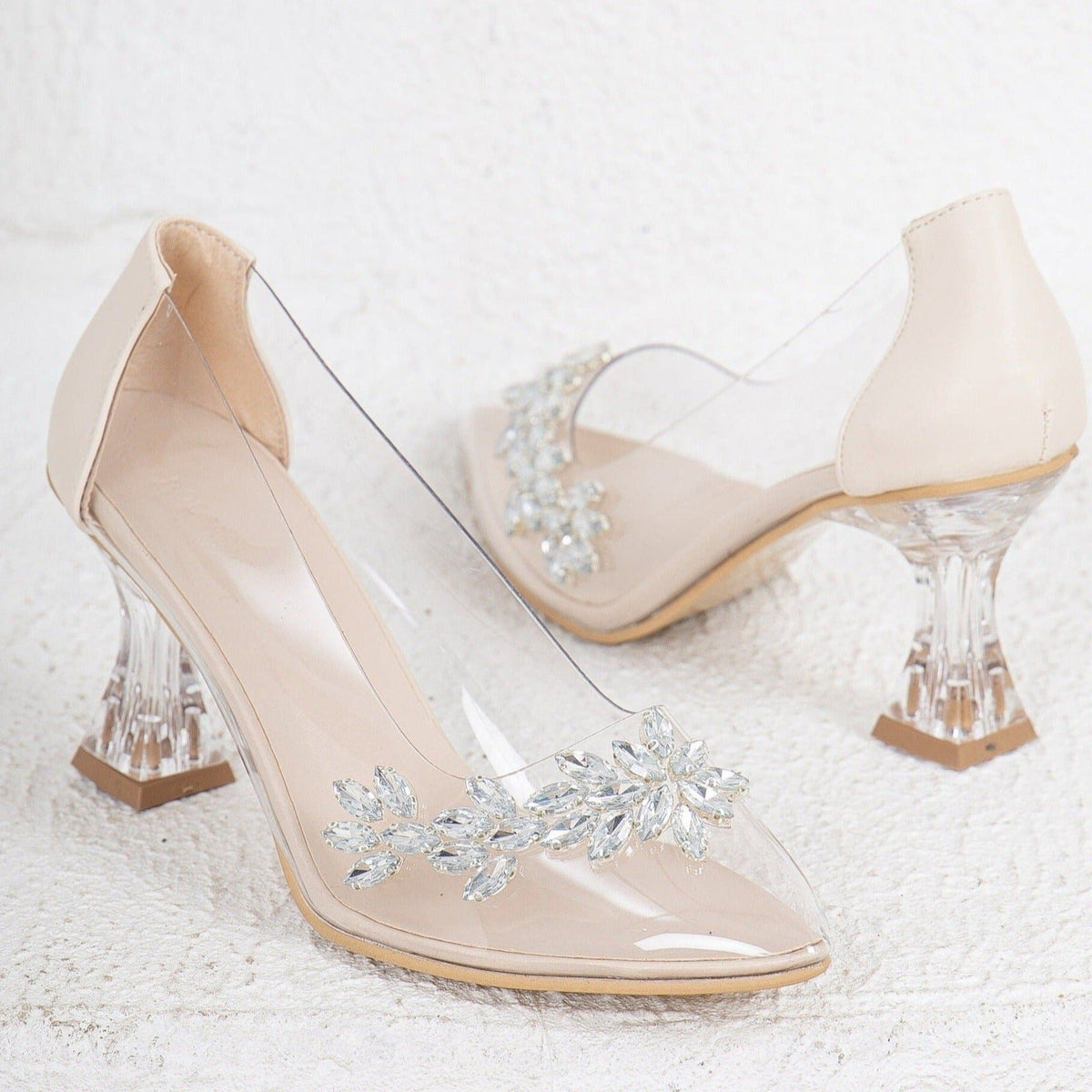 Cinderella - Beige Transparent High Heels – heel view showing elegant detailing, Vowalisse