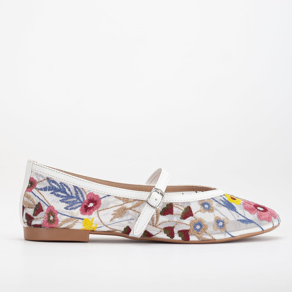 Fauna - White Mesh Mary Jane Flats – back view showing leather, mesh, white, Vowalisse