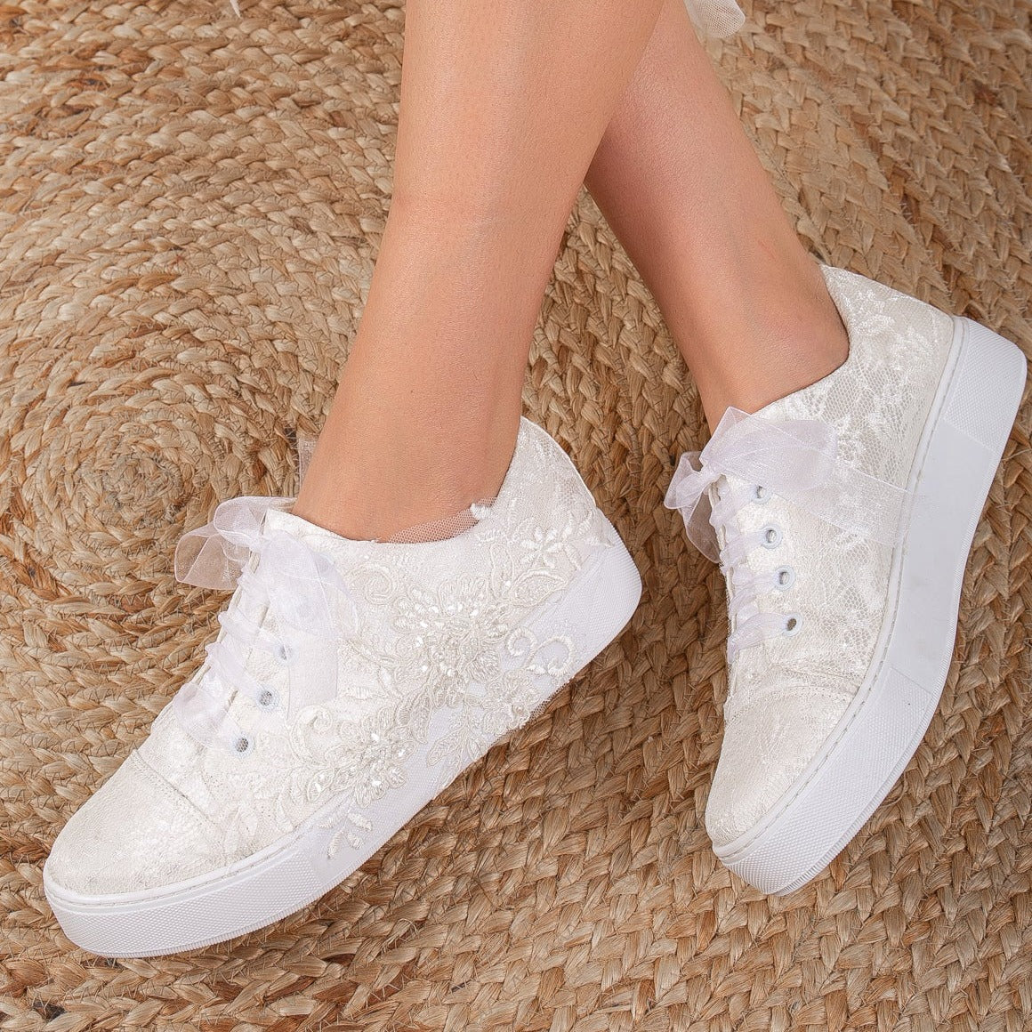 Elise - Ivory Lace Wedding Sneakers – heel view showing lace, ivory, red, Vowalisse