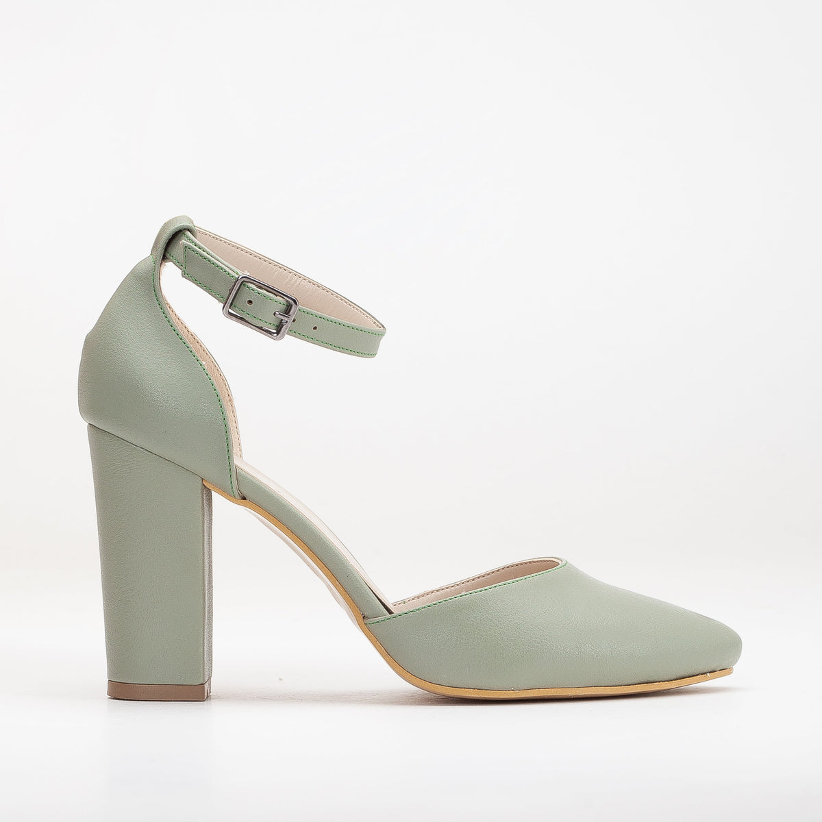 Gisele - Sage Green High Heels – front three-quarter view showing leather, green, Vowalisse