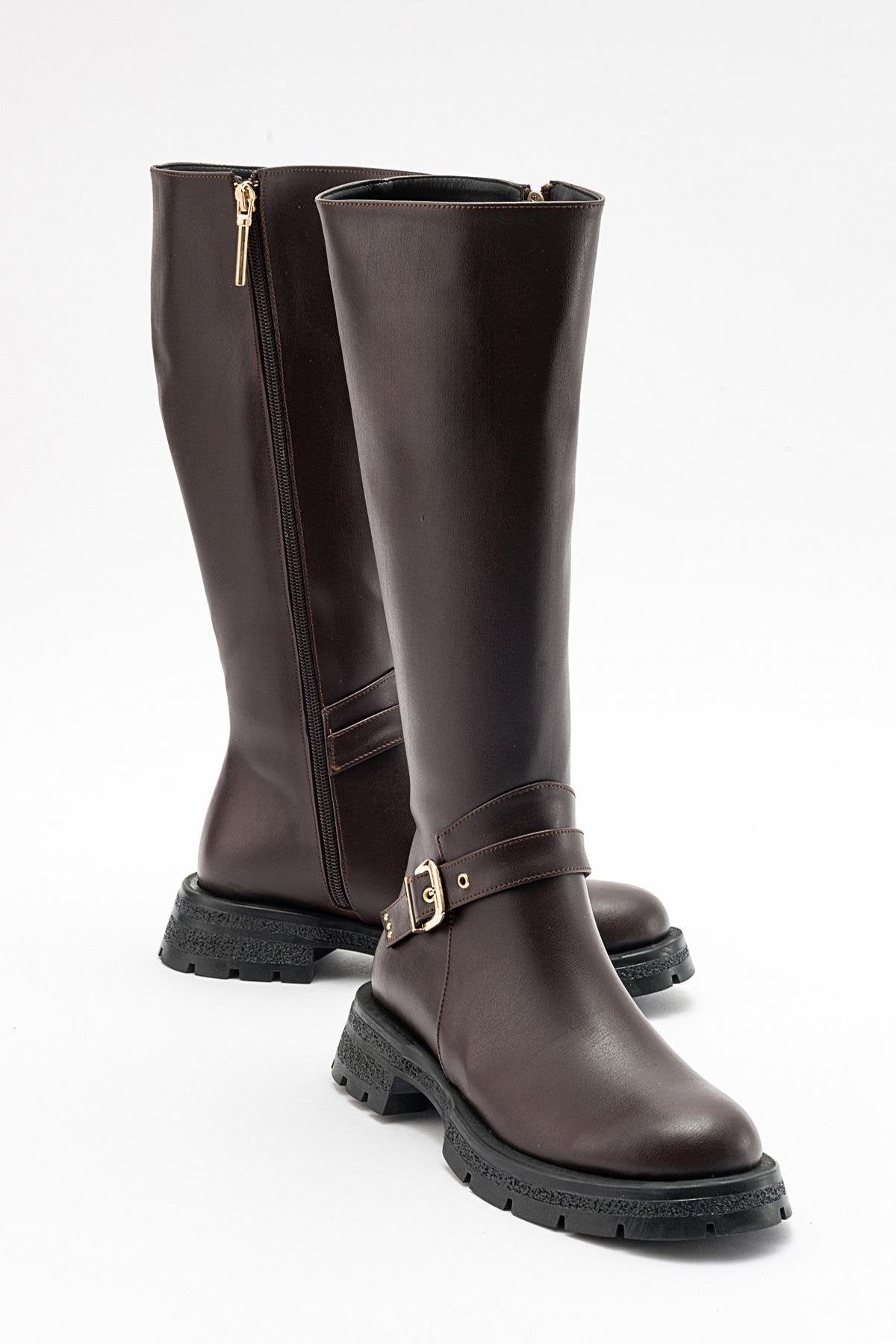 Covela - Cognac Knee-High Boot – front three-quarter view showing leather, Vowalisse