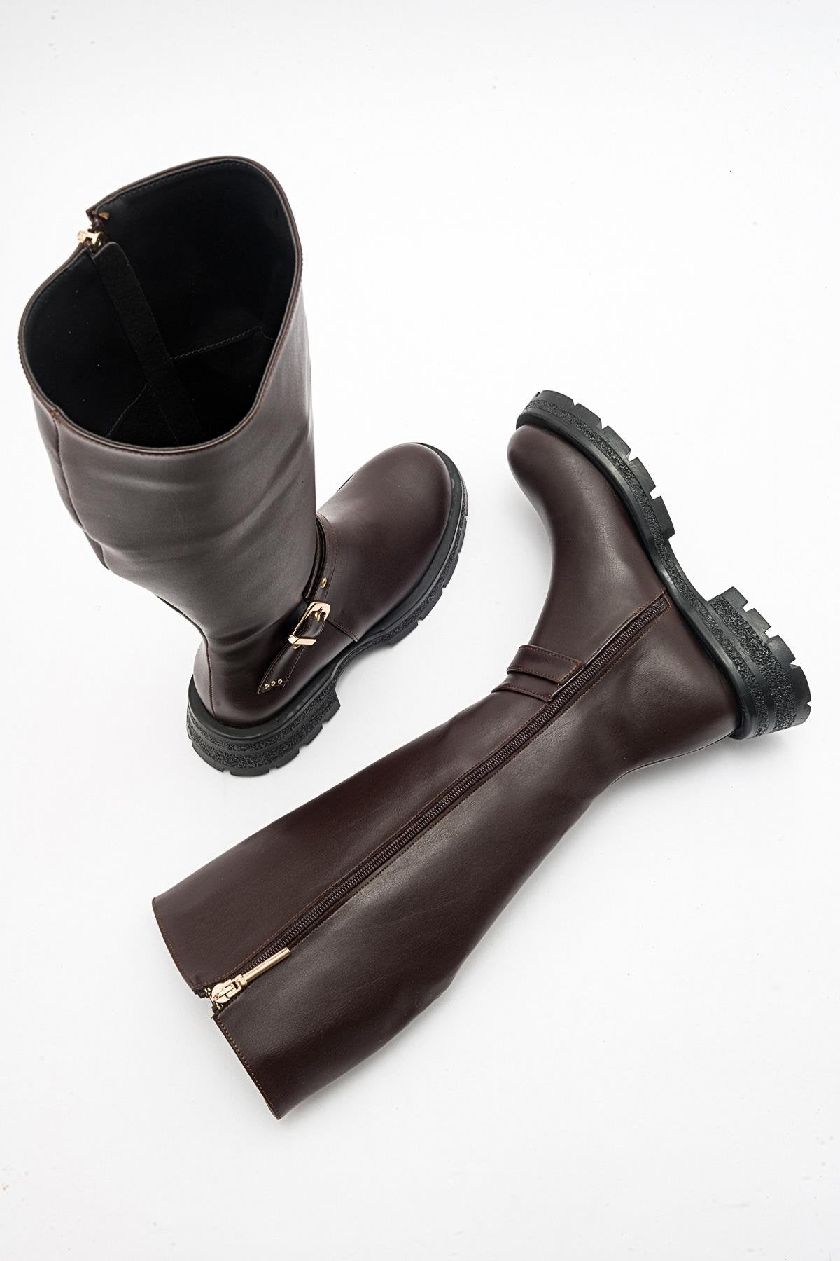 Covela - Cognac Knee-High Boot – side view showing leather, Vowalisse