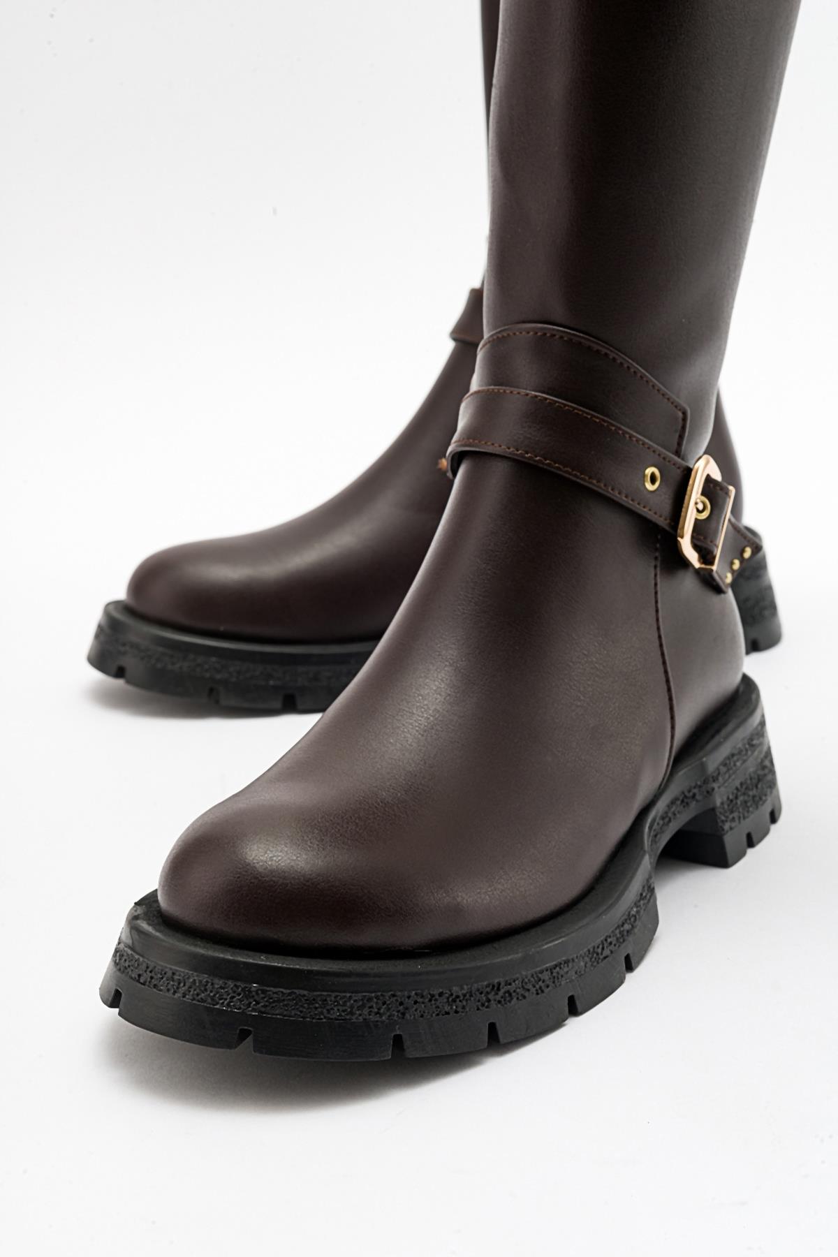 Covela - Cognac Knee-High Boot – detail view showing leather, Vowalisse