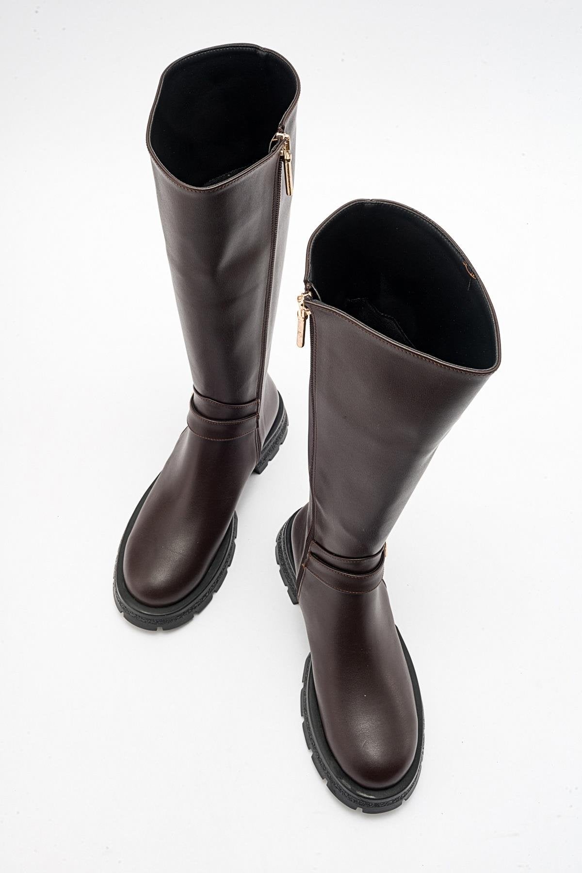 Covela - Cognac Knee-High Boot – heel view showing leather, Vowalisse