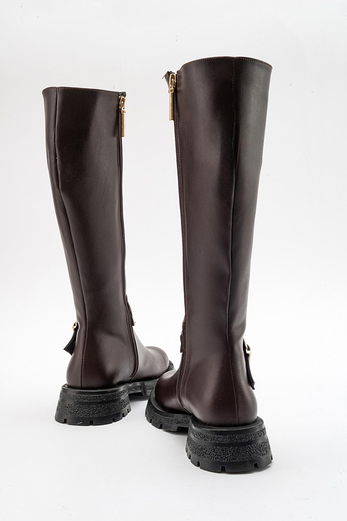 Covela - Cognac Knee-High Boot – back view showing leather, Vowalisse