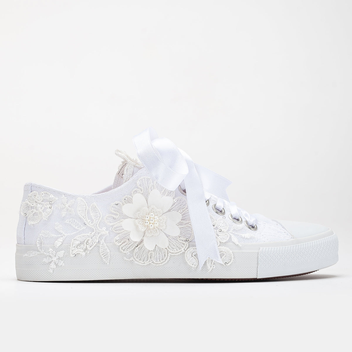 Peyton - White Low Wedding Sneakers – front three-quarter view showing lace, satin, white, Vowalisse